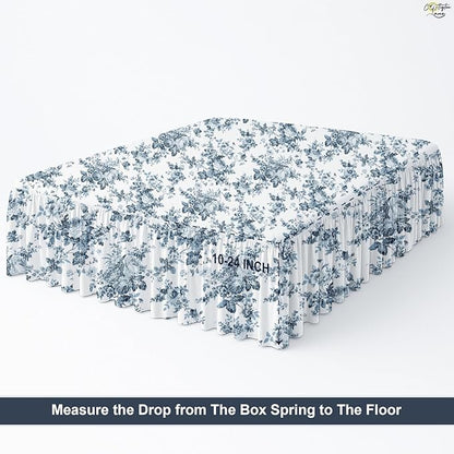 Cottington Lane Ruffled Bed Skirt King Size with Split Corner, Brushed Microfiber Hotel Quality Dust Ruffle, 12 Inch Drop Gathered Bedskirt, Soft, Stylish, Shrink & Fade Resistant, Blue Floral Bliss