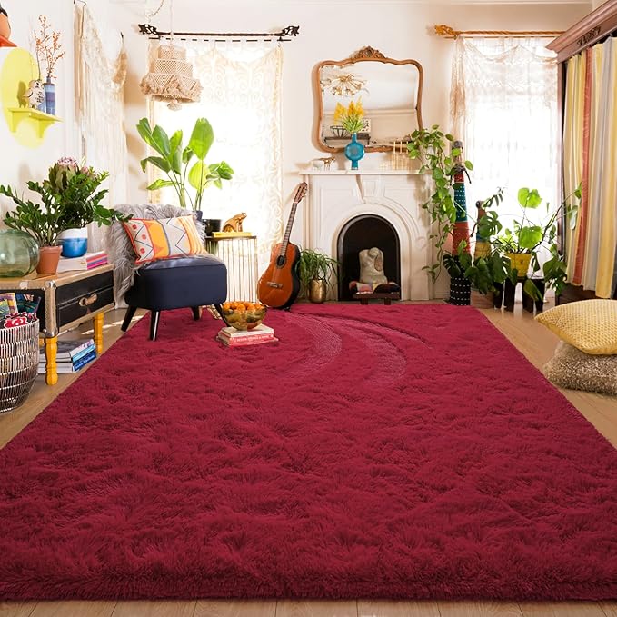 Amearea Shag Fluffy Area Rug for Bedroom Girls Living Room, Extra Soft and Fuzzy Shaggy Rugs, Non Slip, Solid Color Carpet Mat for Boys Nursery Home, Wine Red 5x8 Feet