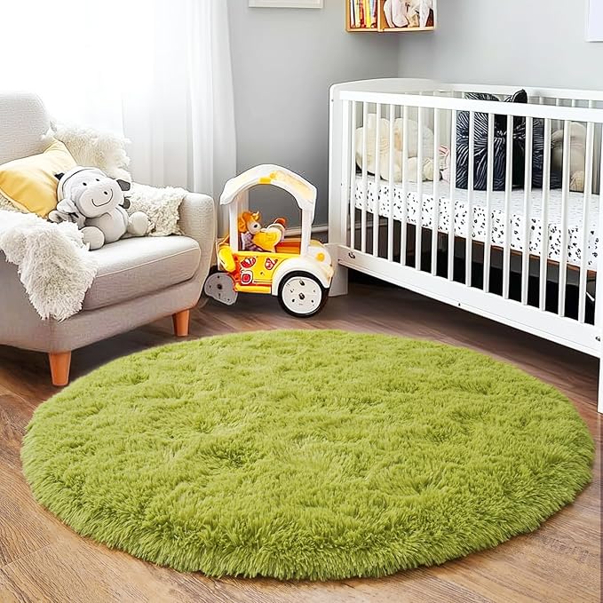 5'x5' Grass Green Round Rug for Bedroom, Ultra Soft Fluffy Circle Rug for Kids Girls Boys Room, Cute Shag Rugs for Living Room Playroom Tent Castle Home Decor Rug