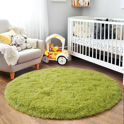 5'x5' Grass Green Round Rug for Bedroom, Ultra Soft Fluffy Circle Rug for Kids Girls Boys Room, Cute Shag Rugs for Living Room Playroom Tent Castle Home Decor Rug