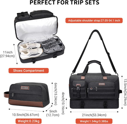 WITZMAN Duffle Bag for Men 50L Canvas Weekender Overnight Bag with Toiletry Bag Sets Travel Duffel Bag Shoes Compartment（A8010-2 Black）