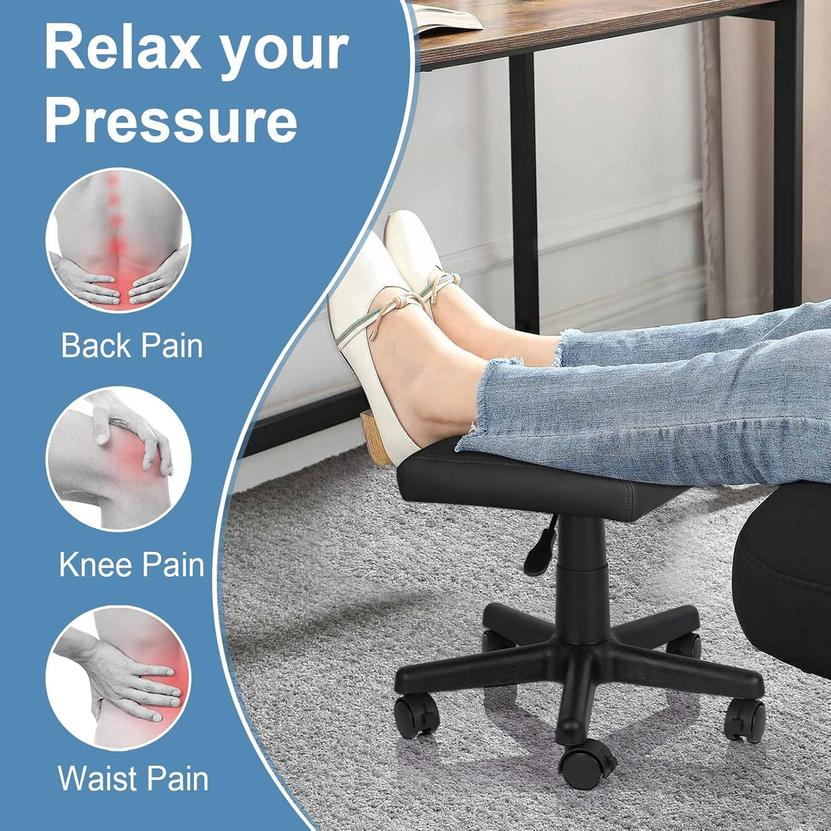 Footrest Stool Under Desk Adjustable Height Footrest Ottoman Ergonomic Foot Stool with Wheels 360° Rolling for Home Office (Black-1)