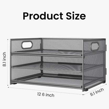 Subekyu 3 Tier Paper Letter Tray Organizer for Desk, Gray Metal Mesh Desk File Folder Sorter Organizer with Handle and Sliding Tray for Home, Office, School Supplies Organization Storage
