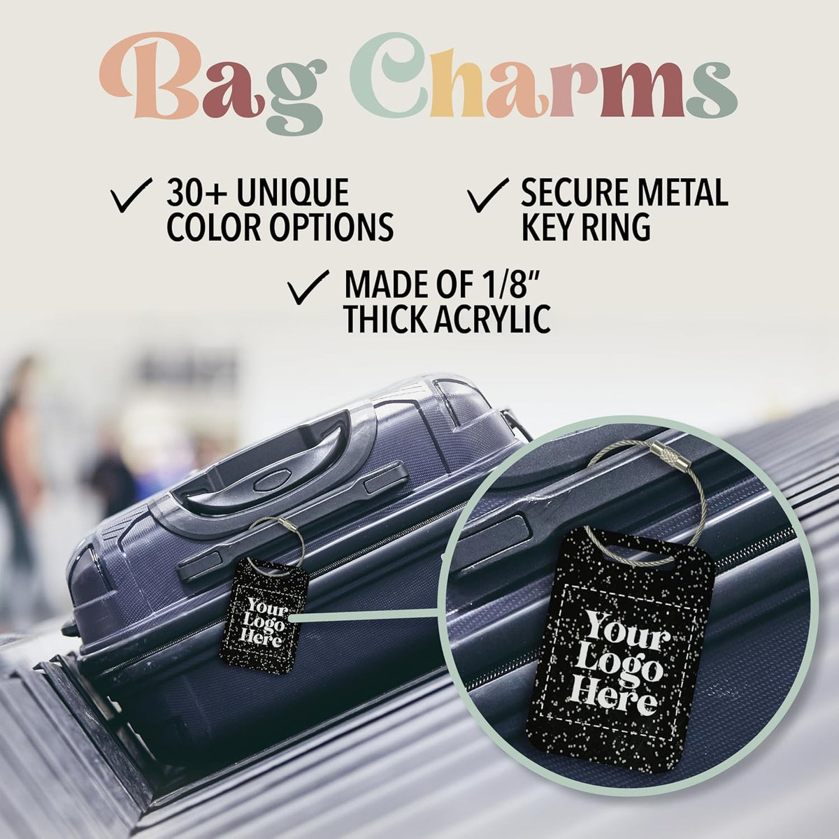 Personalized Logo Name Tag for Luggage (3 or 6 Count Pack) | Custom Tag for Suitcase | Acrylic Name Tag for Travel | Choose Your Font & Color | Backpack ID Label (Logo, Magenta Glitter)