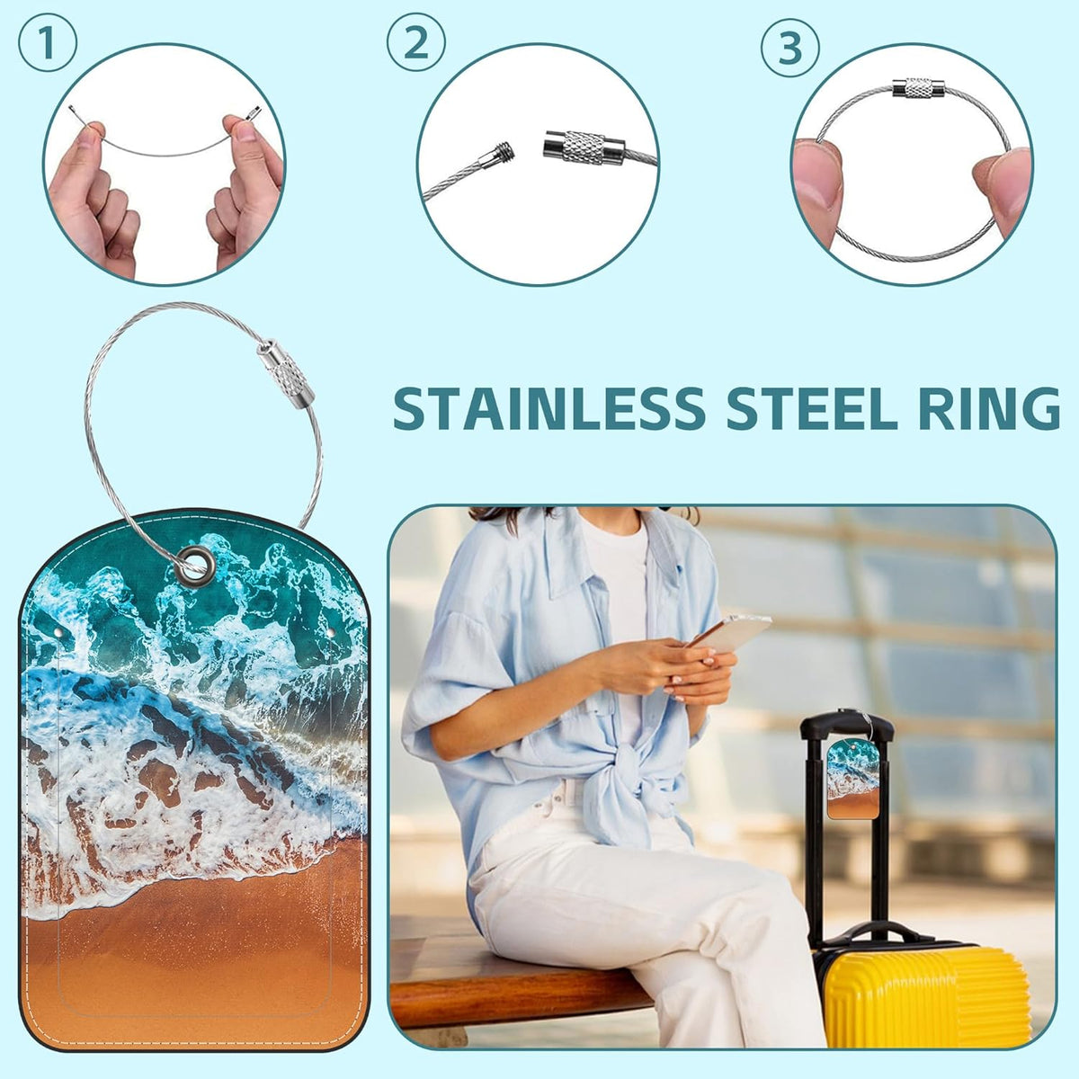 2 Pack Cute Luggage Tag for Suitcases Sandy Beach Wave Leather Luggage Tags with Stainless Steel Loop Privacy Flap Name Tags,Men and Women Travel Bag Suitcase Tags
