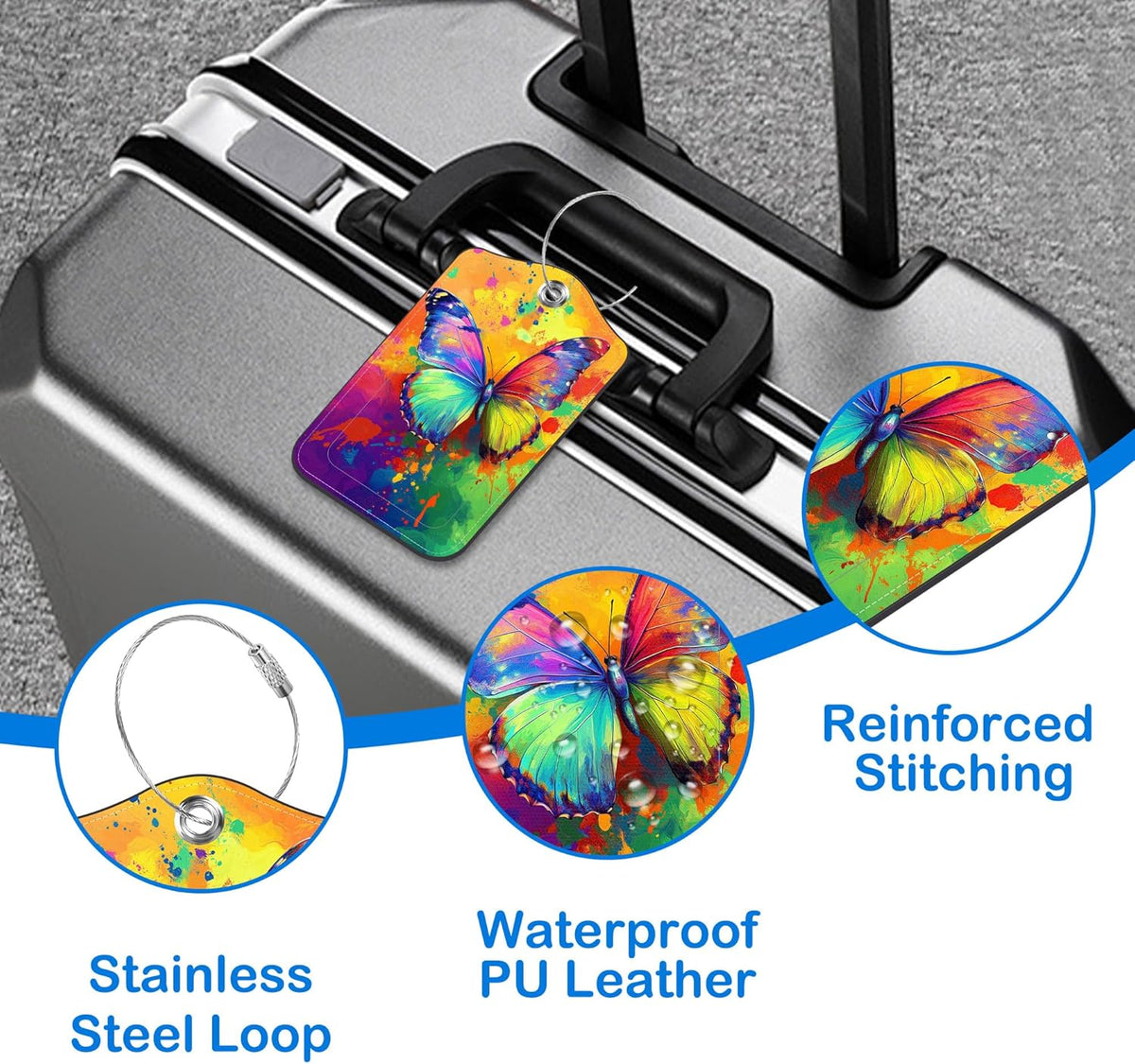 2 Pcs Luggage Tags for Suitcases, Colorful Butterfly Leather Bag Tags for Luggage Privacy Cover Name ID Label with Stainless Steel Loop Cruise Airport Travel Essentials