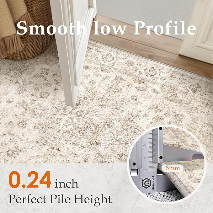 12x15 Neutral Area Rug Beige Vintage Living Room Bedroom Washable Carpet Non-Slip Soft Low Pile Farmhouse Indoor Extra Large Throw Rug for Dining Room Office