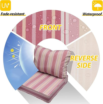AAAAAcessories Outdoor Seat Cushions for Chairs, Fade-Resistant, Waterproof Patio Furniture Replacement Cushions, 25.5" x 25.5" x 5" + 25.5" x 19", Dusty Rose Garden Stripe