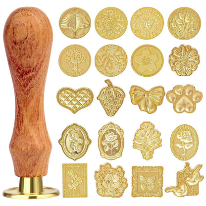 21 Pcs Wax Seal Stamp Kit, Vintage Classic Brass Wax Stamp Seal Head with Wooden Handle for Wedding Party Invitation Greeting Cards Envelopes Gift Wrapping Letter