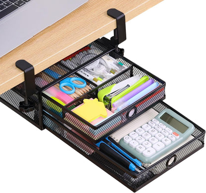 2-Tier Clamp-On Mesh Organizer, Under Desk Storage with Slide-Out Tray, No Drilling Tool-Free Installation, Durable Rust-Resistant Metal, Large-Capacity Organizer.