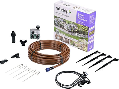 Raindrip SDGCBHP Automatic Drip Irrigation Watering Kit with Timer for Ground Cover & Flower Beds, Waters up to 200 Sq. ft, Timer with Customizable Settings & 13 GPH Half-Circle Adjustable Sprayers, Black;Galvanized Steel;Brown