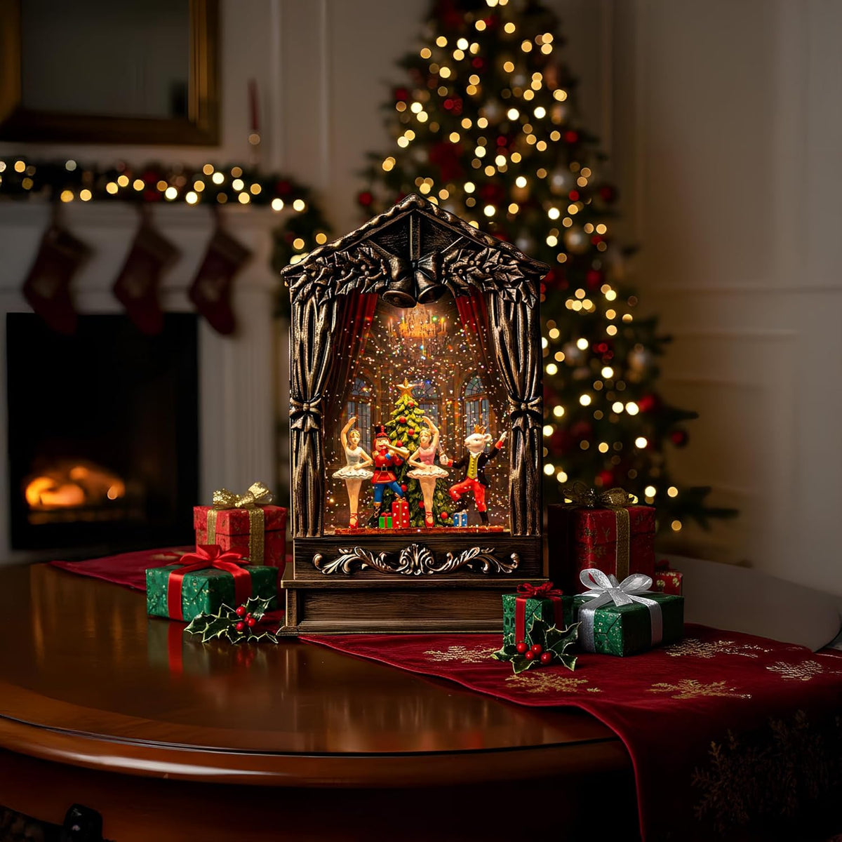 Christmas Snow Globe Lantern Water Glittering Nutcracker Ballet Theatre with Music & Timer, USB Lined/Battery Operated Lighted Lantern for Christmas Festival Decoration Gifts