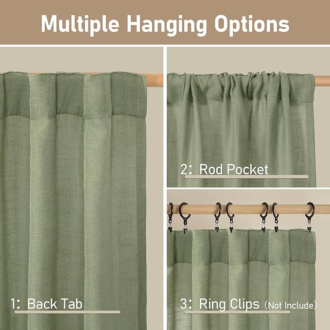 LAMIT Sage Green Linen Curtains 30 Inch Length, Semi Sheer Light Filtering Window Panels Back Tab and Rod Pocket Drapes for Kitchen/Basement/Small Windows, 25 x 30 Inch, 2 Panels
