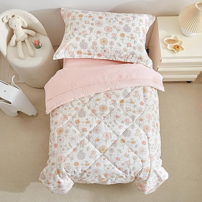 DuShow Floral 4 Piece Girls Toddler Bed Comforter Set Pink Flower Reversible Toddler Bedding Set Soft Baby Crib Bed Sheets Set in a Bag | Include Quilt Comforter,Flat Sheet,Fitted Sheet,Pillowcase