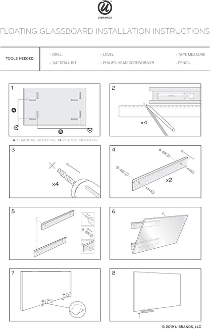 U Brands Glass Dry Erase Board, 24" x 36", 3'x2',Gray Surface, Frameless, Includes Marker