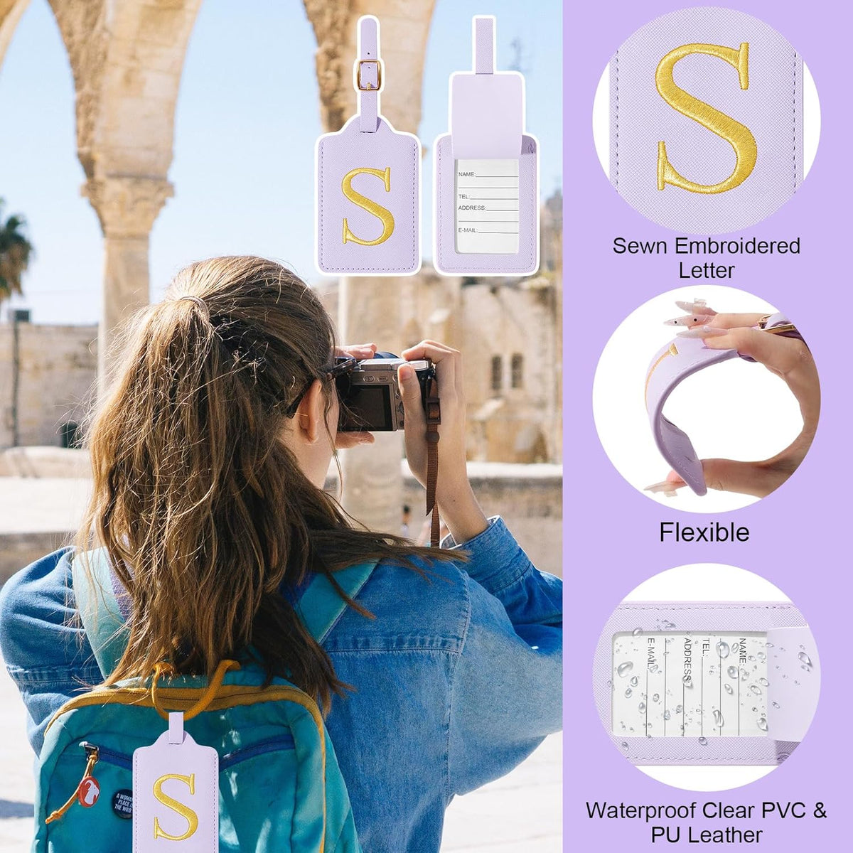 Personalized Initial Luggage Tags for Suitcases, Cute PU Leather Embroidered Letter Travel Luggage Tags, Suitcase Identifier Name Baggage Tag, Bag Tags for Men Women Kids Luggage Handbags(Purple S)