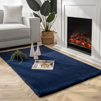 Ashler HOME DECO Ultra Soft Faux Rabbit Fur Chair Couch Cover Area Rug for Bedroom Floor Sofa Living Room Dark Blue-Rectangle 3 x 5 Feet