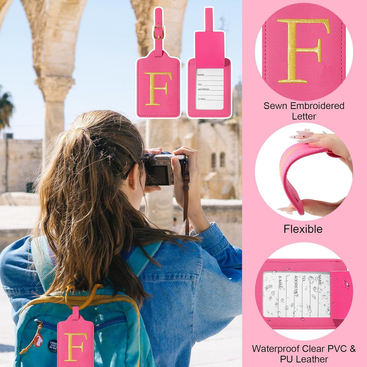 Initial Letter Luggage Tags for Suitcases, Embroidered Monogrammed Suitcase Luggage Identifier Name Tag, PU Leather TSA Approved Luggage Tags, Bag Tags for Men Women Kids Luggage Handbags(Rosered F)