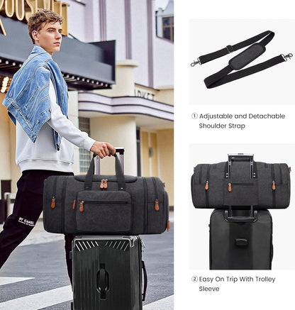 Sucipi Canvas Travel Duffel Bag for Men, Weekend Overnight Bag with Shoe Compartment and Toiletry Bag, Carry-On for Airplanes, Dark Grey