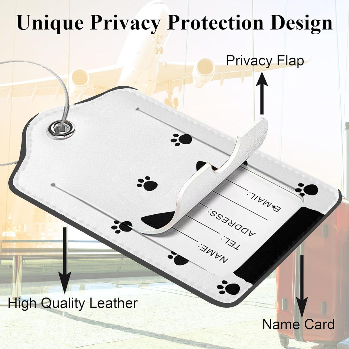 Set of 2 Luggage Tags for Suitcases, Leather Cute Black Cat Baggage Tags with Stainless Steel Loop, Privacy Name ID Card Cover Kawaii Travel Labels for Women Men Kids Girls