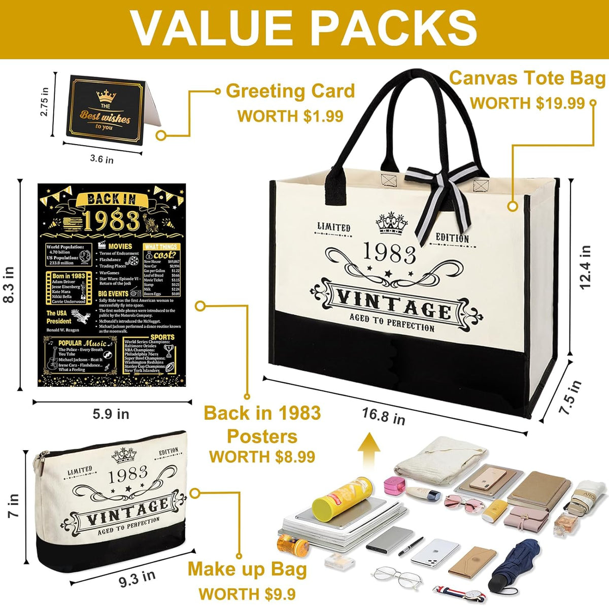 YeohJoy 42nd Birthday Gifts for Her Canvas Tote Bag Travel Gear, Unique 42 Years Old Birthday Gifts for Girlfriend Sister Friends Women, Vintage 1983 Handbag & Cosmetic Bag & Back in 1983 Poster