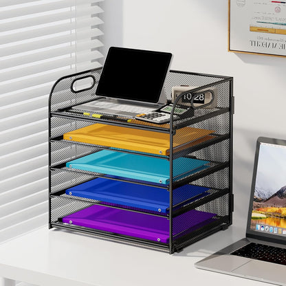 5 Tier Paper Organizer with Handle, Metal Mesh Desk Organizer File Folder Paper Letter Tray Desktop Document Sorter for Classroom, School, Office Accessories Organization and Storage - Black