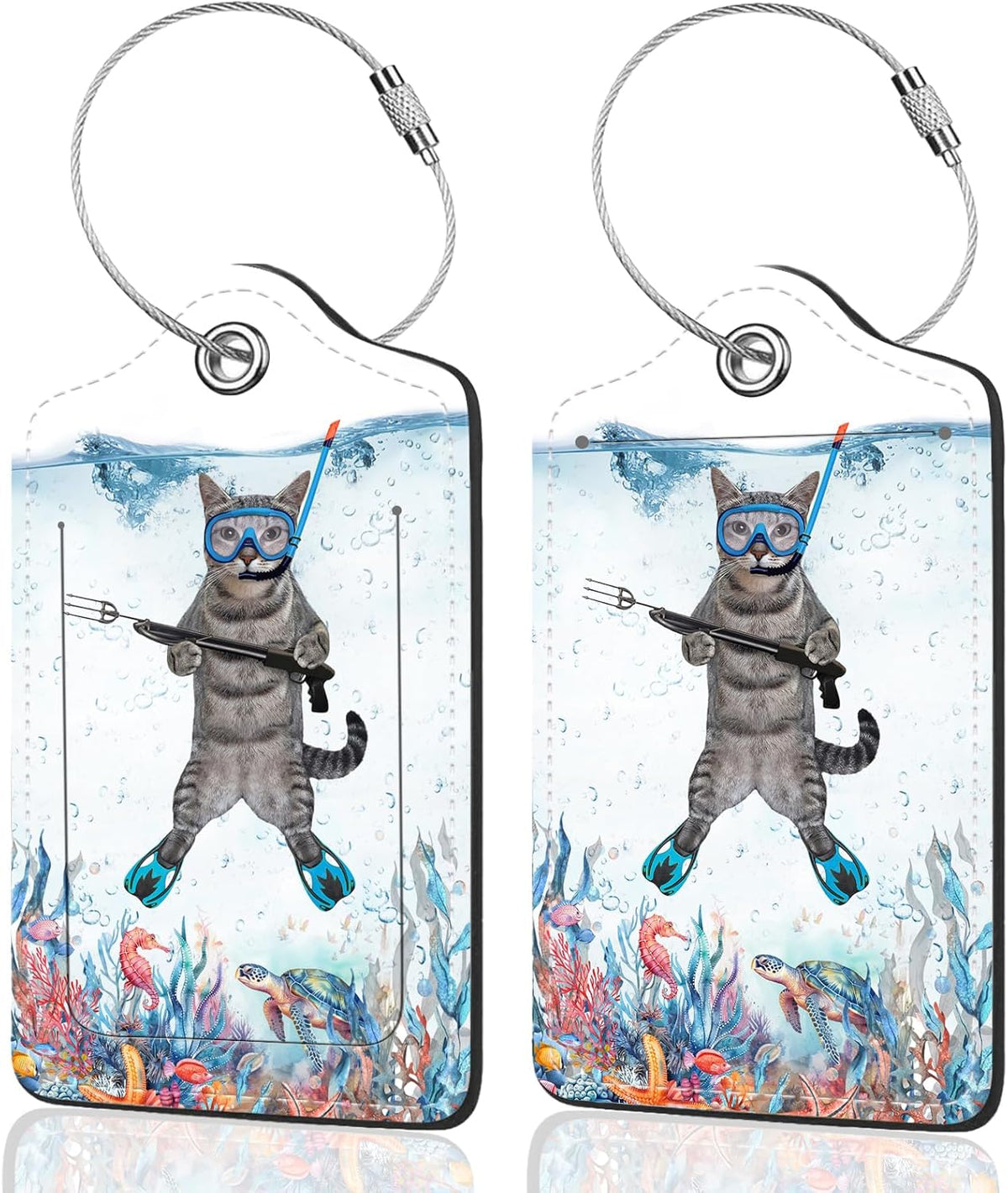 2Pack Luggage Tags for Suitcases, Cute Unique Pu Leather Cruise Luggage Tag with Privacy Cover ID Label Address Card and Metal Ring Suitable for Women Men Kids Travel Bag The Diving Cat
