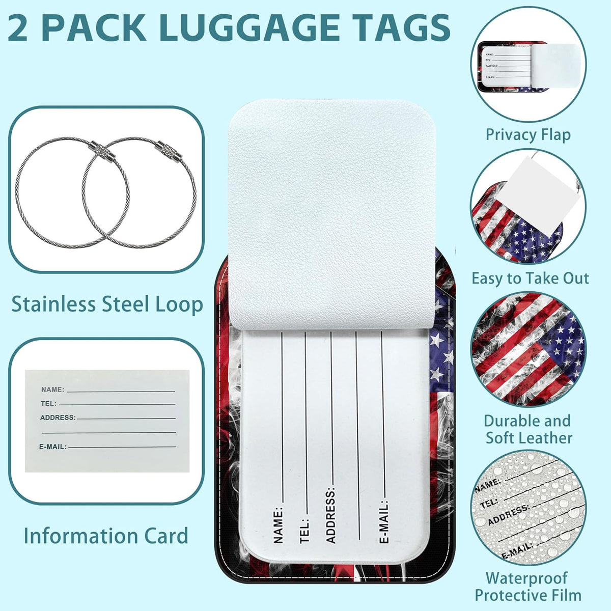 2 Pack Cute Luggage Tag for Suitcases American Flag Leather Luggage Tags with Stainless Steel Loop Privacy Flap Name Tags,Men and Women Travel Bag Suitcase Tags