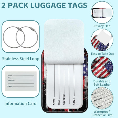 2 Pack Cute Luggage Tag for Suitcases American Flag Leather Luggage Tags with Stainless Steel Loop Privacy Flap Name Tags,Men and Women Travel Bag Suitcase Tags