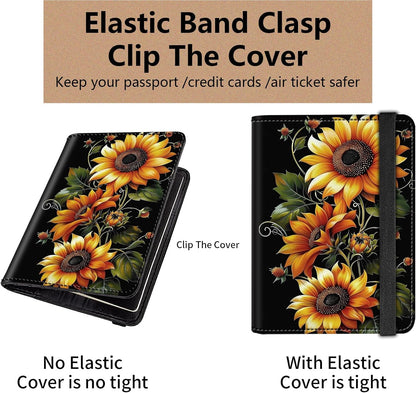 Passport and Vaccine Card Holder Cover Combo,Travel Passport Holder Wallet with RFID Blocking, Leather Vaccine Card Slot Passport Cover Case for Women & Men,Sunflowers-1150