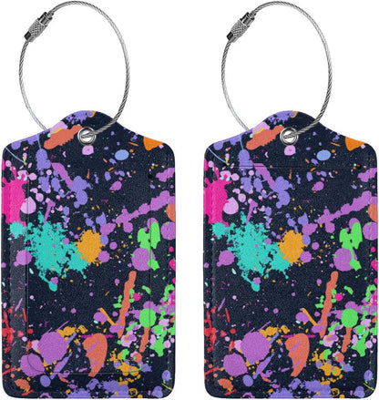 2 Pack Colorful Pop Art Luggage Tag for Men Women Girls Kids, Stylish Leather Bag Tags for Suitcase Artistic Modern Travel Backpack Labels