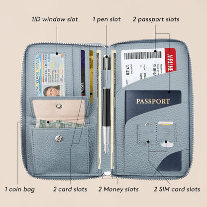 RFID Large Passport Holder for Man & Women, Leather Travel Wallet with Card Holders, Zippered Coins Pocket and CashSlot, for Secure Traveling and Documentation Organizer (Eephant Grey)