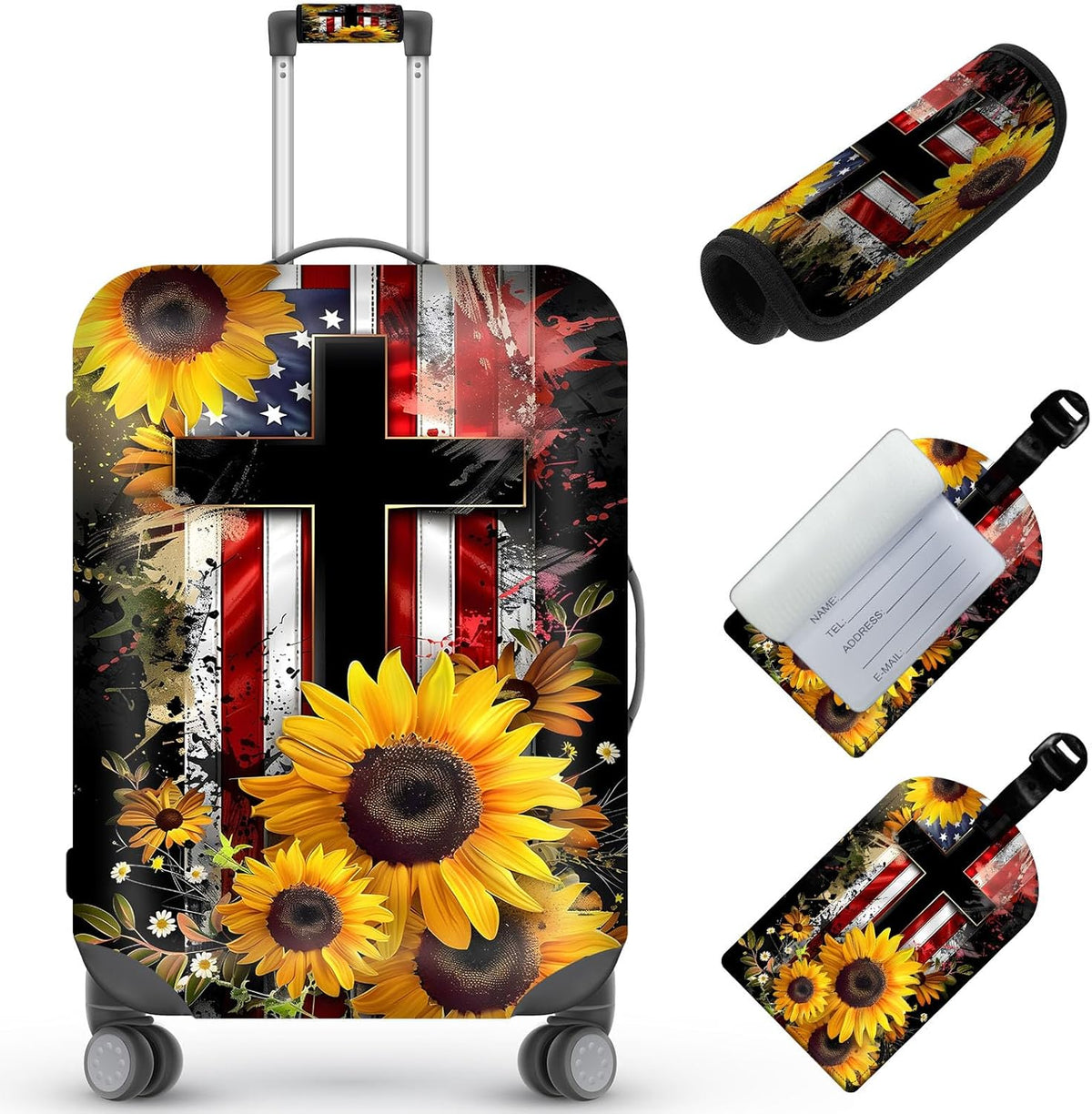 Travel Luggage Cover,Christian Sunflower Theme Suitcase Cover Accessory Kit, Luggage Tag, and Comfortable Luggage Handle Wrap, Washable Zipper Close Luggage Suitcase Protector (18-20 inch,S)