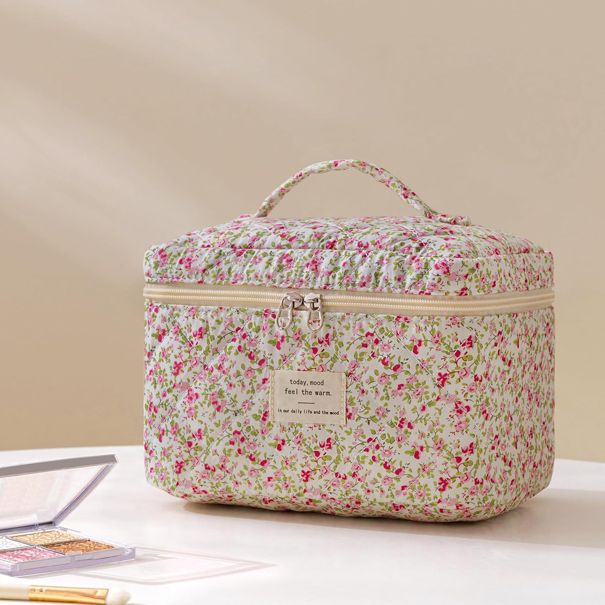 HBselect Quilted Makeup Bag, 3PCS Cotton Large Travel Makeup Bag, Cute Floral Coquette Make up Bag Cosmetic Bag Toiletry Bag for Women Girls