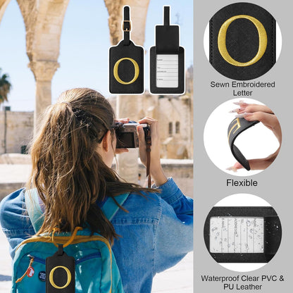Initial Letter Luggage Tags for Suitcases, Personalized Embroidered Letter Luggage Bag Suitcase Identifier Name Tag, Cute PU Leather Travel Luggage Tags, Bag Tags for Luggage Handbags(Black O)
