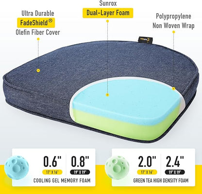 SUNROX Gel Memory Foam Chair Cushion with Ties, Ultra Durable Water Resistant FadeShield Outdoor/Indoor Reversible Chair Seat Cushion 17 x 16 inch Set of 4, Heather Indigo