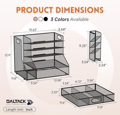 DALTACK Mesh Desk Organizer, 5-Tier Paper Letter Tray with File Holder & Pen Holder & Sliding Drawer, Desktop Organizer and Storage for Desk Accessories Office Supplies, Black