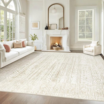 Living Room Rugs 8x10: Washable Moroccan Geometric Boho Rug Farmhouse Non Slip Stain Resistant Large Rug Low Pile Soft Carpet for Bedroom Dining Room Kids Room (Ivory Beige,8'x10')