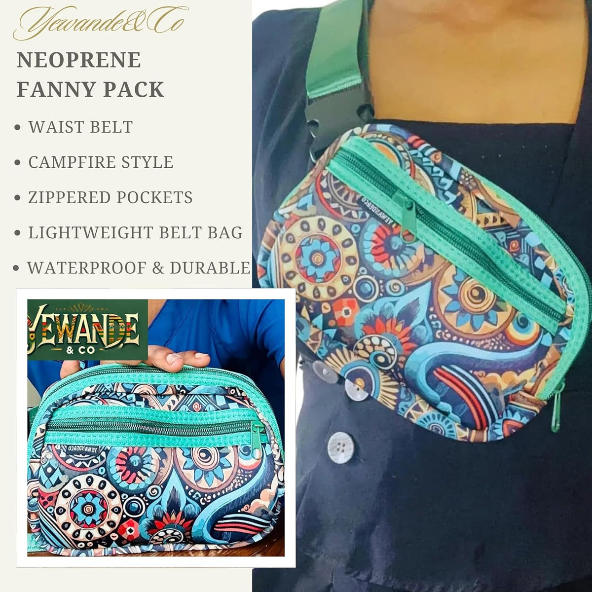 Yewande&co Neoprene Fanny Pack Belt Bag – Lightweight Waterproof Waist Bag with Adjustable Strap, 3 Zippered Pockets, Crossbody Belt Bag for Travel, African Design Crossbody Bags (Campfire)