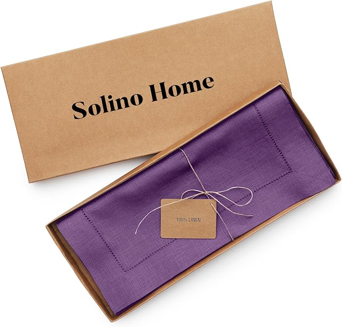 Solino Home Linen Table Runner 90 Inches Long - Classic Hemstitch 100% Pure Linen Purple Dining Table Runner 14 x 90 Inch for Holiday, Christmas, New Year