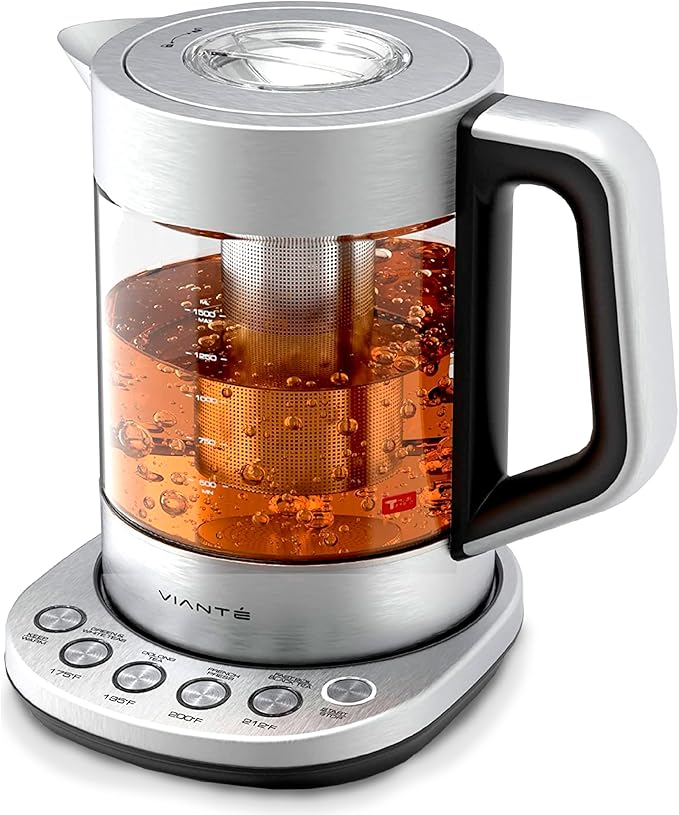Viante Electric Kettle With Infuser. No Plastic In Contact With Water. Hot Tea Maker With Temperature Control And Automatic Shut Off. Tea Kettle With Brewing Programs. 1.5 Liters Capacity