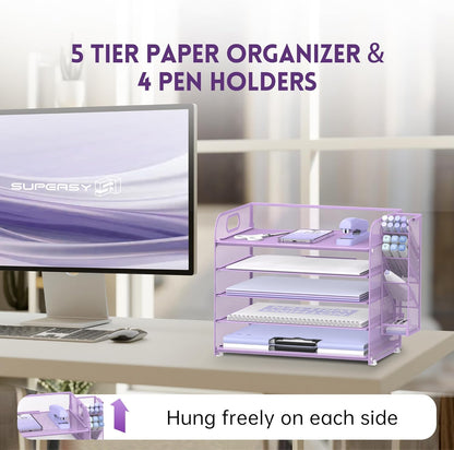 SUPEASY 5 Tier Desk Organizer with Handle & Removable Pen Holders, Mesh Paper/File Organizer for Desk, Paper Letter Tray Organizer for Office Supplies (Purple)