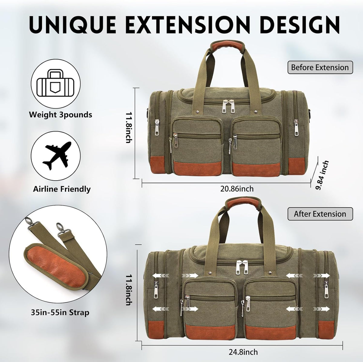 Canvas Duffle Bag For Travel, 50L Expandable Carry on Overnight Travel Duffel Bags with Laptop Compartments Weekend Gym Bag for Men(Green)