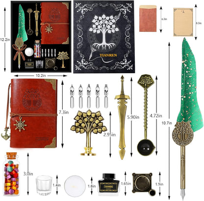 Quill Pen and Ink Set,Feather Dip Pen,Antique Calligraphy Pen with 5 Replaceable Nibs,Wax Seal Stamp kit,Wax Beads & Leather Writing Notebook Christmas gift for Men&Women(Green)