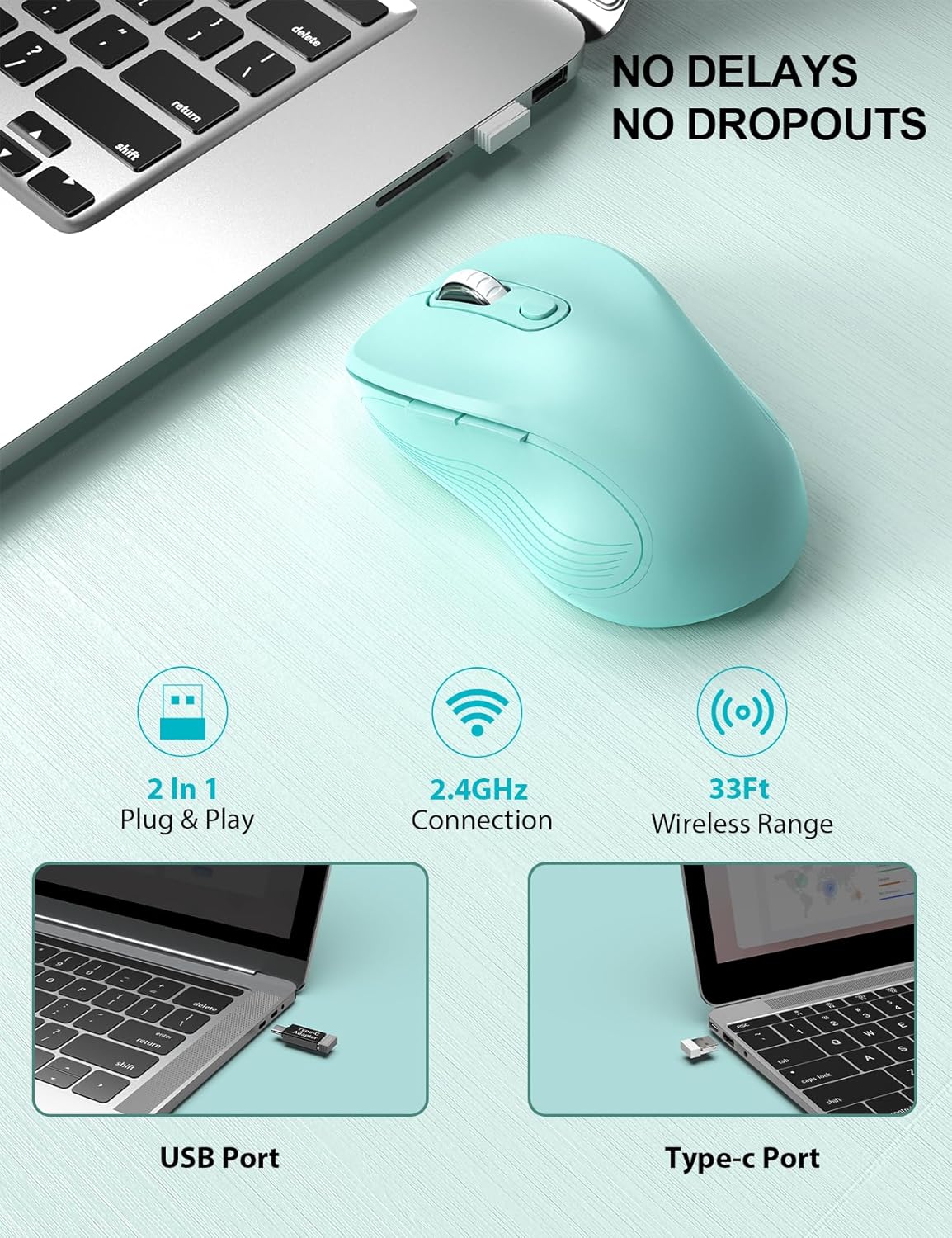 Trueque Wireless Mouse for Laptop, 2.4GHz Ergonomic Computer Mouse with Back & Forward Buttons, 3-Level DPI, 6 Buttons, Optical USB Cordless Mice for Windows Chromebook MacBook PC (Mint Green)