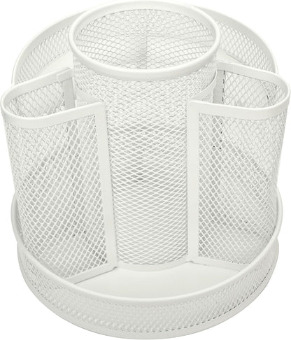 Annova Mesh Desk Organizer Rotate with 6 Compartments Round Spinning Tidy Candy/Pen Holder Desk Accessories Office, Art Supply, Storage, Classroom, Home (White)