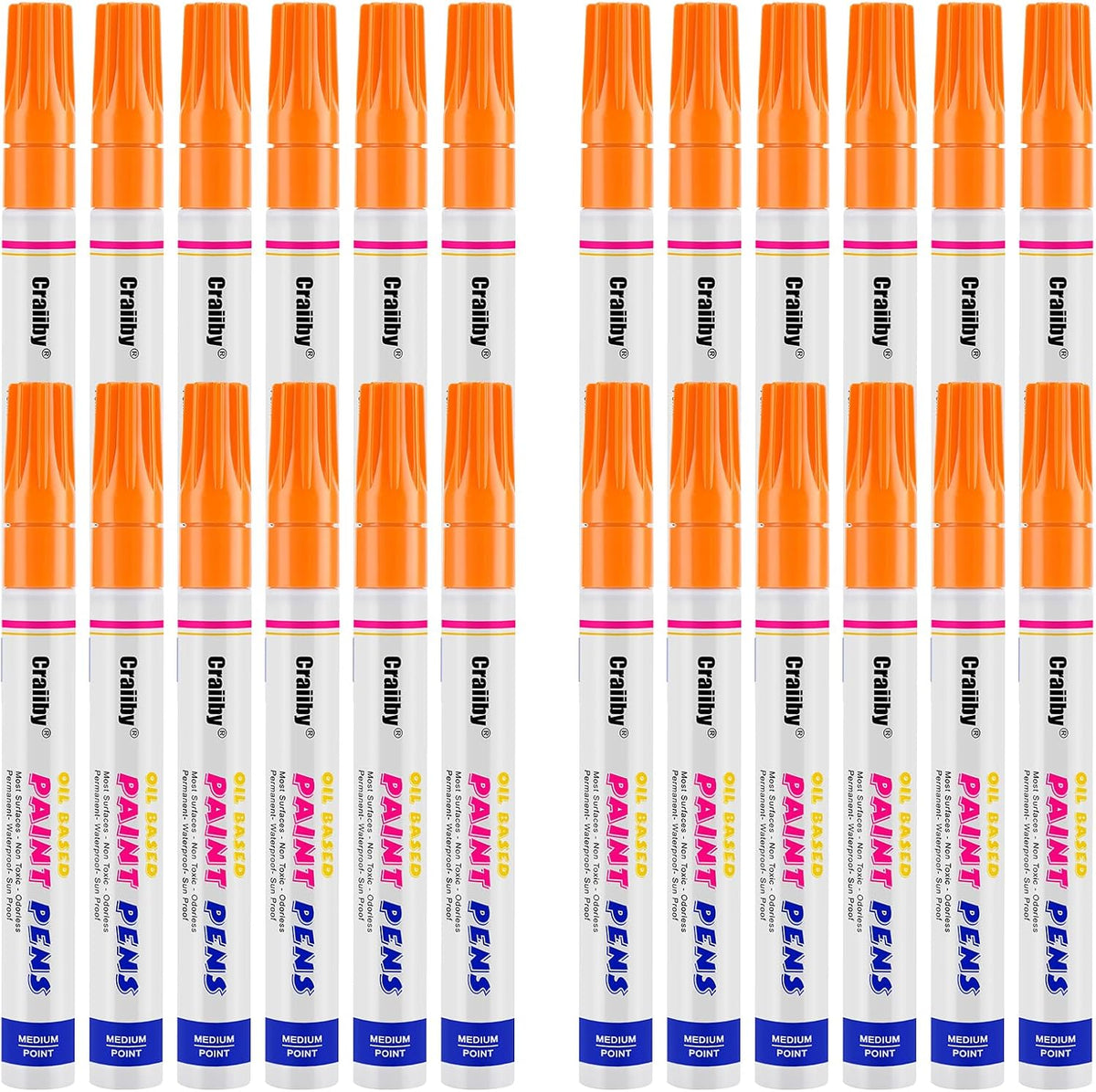 Orange Paint Markers, 24 Pack Oil-Based Waterproof Quick Dry Permanent Paint Pen Set for Rocks Painting, Wood, Fabric, Plastic, Canvas, Glass, Mugs, Metal, Tire, Stone, DIY Craft