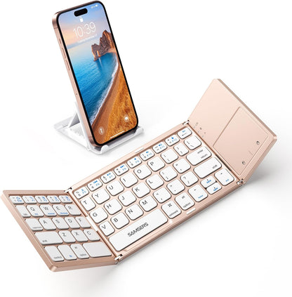 Samsers Foldable Bluetooth Keyboard with Touchpad - Portable Wireless Keyboard with Holder, Rechargeable Full Size Ultra Slim Pocket Folding Keyboards for Android Windows iOS Tablet & Laptop - Pink
