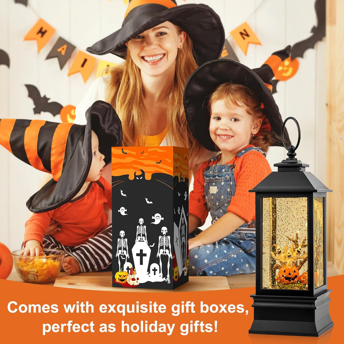Halloween Snow Globe Lantern Water Glittering Spooky Ghosts in Pumpkins with Music, USB Lined/Battery Operated Lighted Lantern for Halloween Festival Decoration Gifts