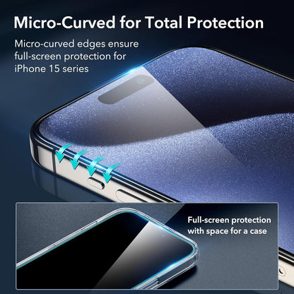 ESR 3+1 Pack for iPhone 15 Pro Screen Protector, [9H Hardness] [Military Grade Shatterproof] Full Coverage Ultra-tough Tempered Glass Film with Easy Installation Frame, 1 Set of Camera Lens Protector